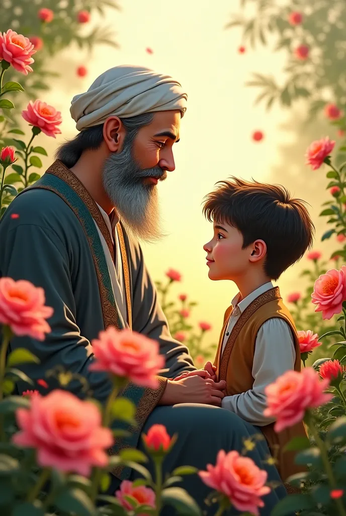 Islam teacher male and ren boy background followers Rose and plants 
