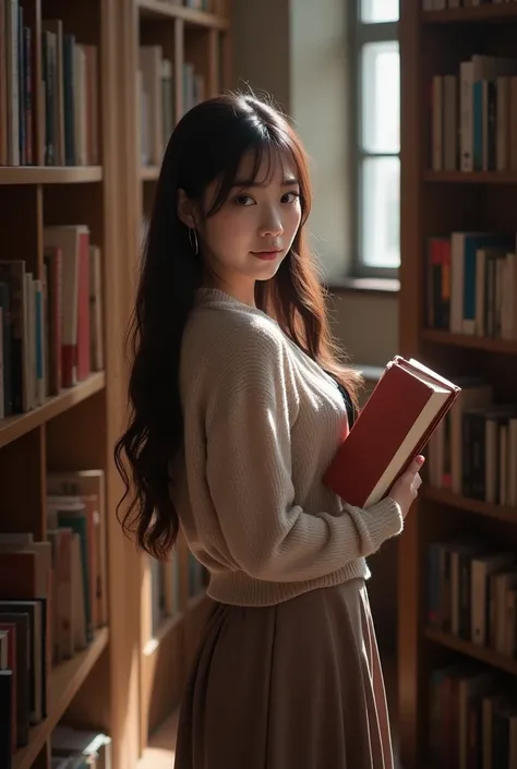  photorealistic, real photograph,  super real ,  by Nomi,  dramatic scene  , shadow, Full-area lighting,  Alone , (  Elegant college sister ），Inside the library，  wearing a cardigan  ，  book ，A-skirt  ， Looking back at you  ， Loving eyes ，  gentle smile 。 ...