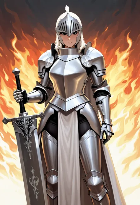 masterpiece, 1girl, solo, white paladin armor, white steel mask, black eyes, cavalry greatsword, flame background