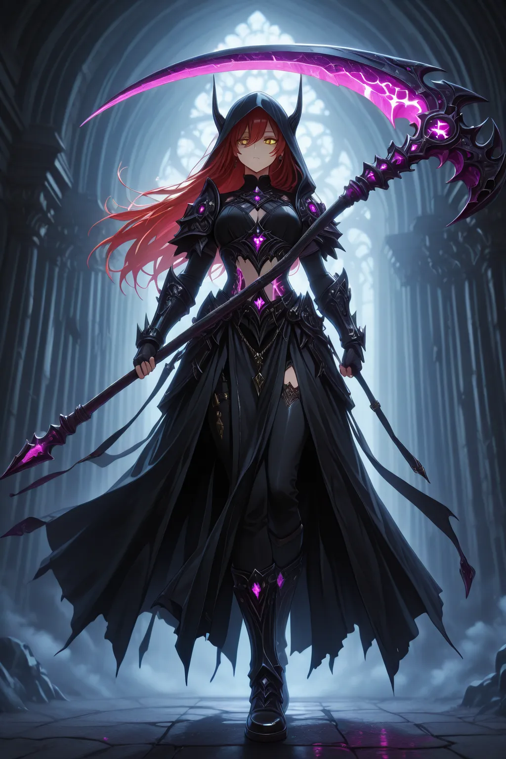 1girl, long black knee socks, black boots, black
long pants, tight black top, black fingerless
arm warmers, red hair,
long hair, golden eyes, holding
a Scythe in her hands, Scythe black with purple
glowing ornaments, scythe tilted backwards, golden eyes
fi...