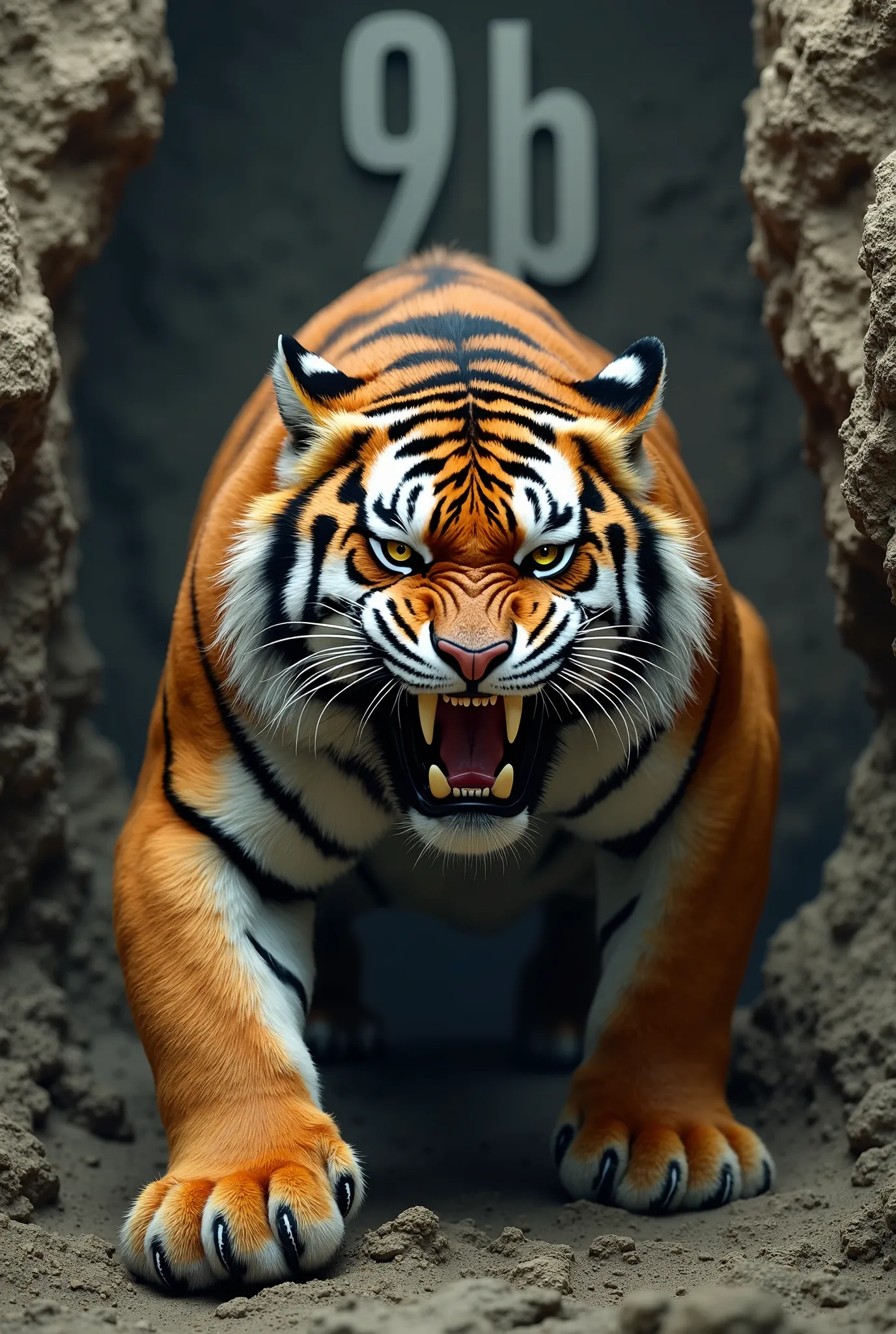 Create an image of an angry tiger written behind it 9B and put a rock effect on the photo please chat