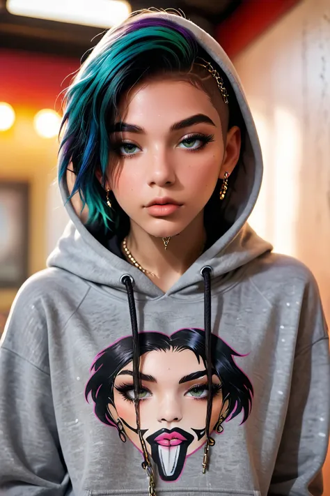 full body picture  of a hot sexy beauty young  femboy, 16yo, sexy, erotic, big thick pouty kissable lips, cocking sucking lips, wearing hoodie, tattoos, ear piercings, jewellery, masculine, grunge, emo, punk, RAW photo, detailed photo, gorgeous, shallow de...