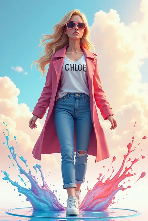 The prompt:
Create a 3D illustration of realistic human swedish young lady character walk out from social media Facebook. The character must wear jeans, t-shirt name "CHLOE" with long coat and  white sneakers, sunglasses, splash colorful water effect. The ...