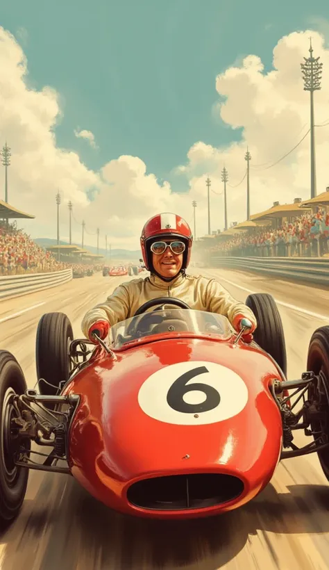 50s illustration style. a racer in a vintage F1 car. he is wearing a helmet, a pair of goggles on his eyes. on a racetrack. car is shown in full. cinematic shot. dramatic effect for speed.