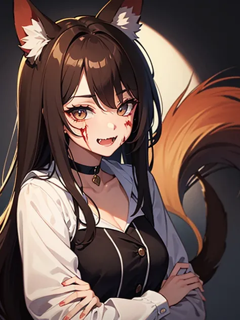 A girl 172 ,  eye color brown,  hair color black .  tall with fox ears and tail with a brutal fanged smile and blood on her face