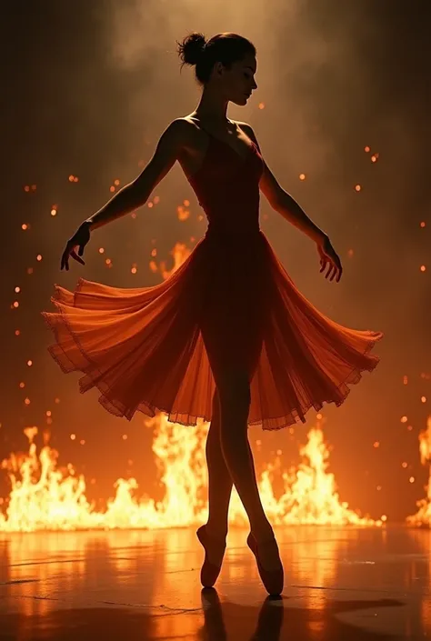 A woman in a smooth-haired brunette ballerina outfit danced in a half-dark place around on fire