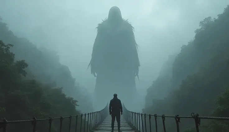 Standing on the edge of the abyss , a 60-year-old man dressed as a cybertech explorer in dark color with a baseball cap,   find themselves on an old suspended bridge between reality and the unknown.  A colossal and somber figure emerges from the fog ,  its...