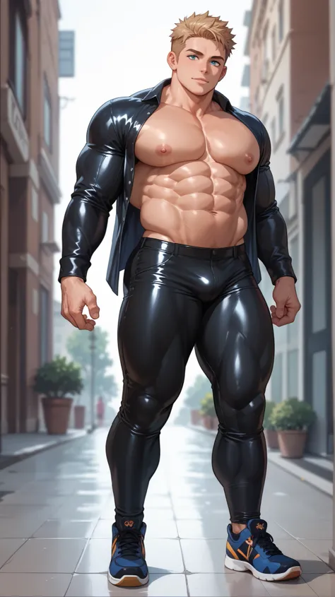 Full Body, Hot Young Chubby Muscular Boy Wearing Black Open Shirt With Big Pecs and Big Abs Fully, Handsome, Smooth Midriff Muscles, Black Tight Latex Cropped Pants Cropped on the Leg's Calves, Muscular Calves, Calves Fully Exposed, Standing Full Pose, Bul...