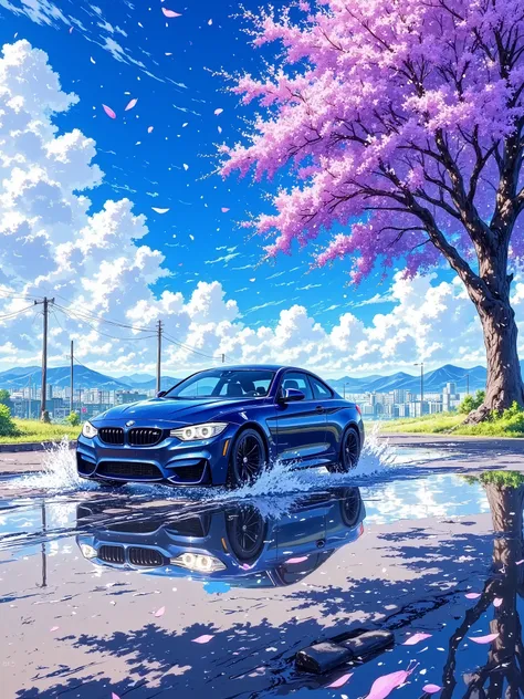 A dark blue BMW m4 car is depicted in motion on a wet road. The car is positioned in the foreground, driving along a two-lane road with a line of trees and a bright sky filled with fluffy white clouds. The car is driving directly towards the viewer, with w...