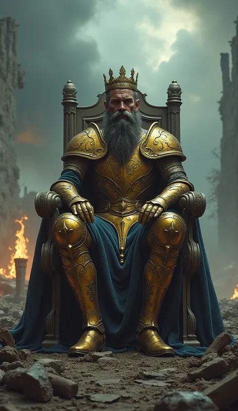 A king in golden armor, with a cracked crown and a sad look ,  sitting on a broken throne in the middle of a devastated battlefield.  There are unlit torches and a stormy sky .