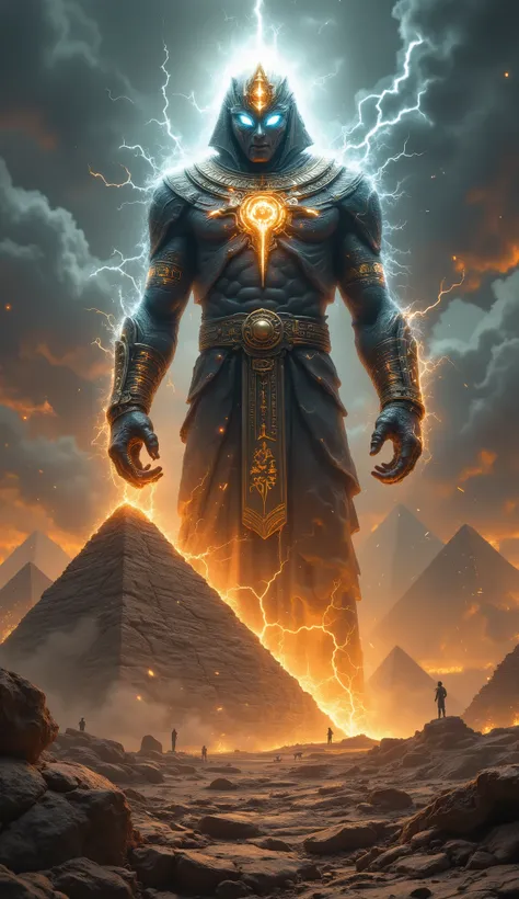 an Egyptian god giant destroying the pyramids