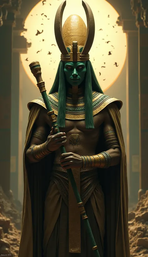 an Egyptian god named A osiris with a staff, face is green