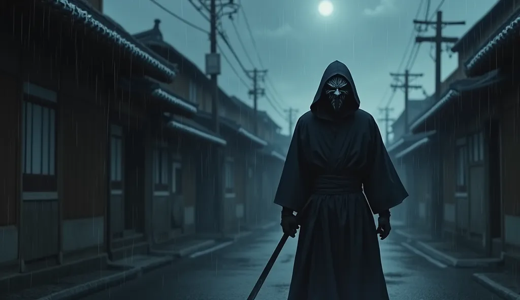 Barely visible Ninja hiding in old feudal Japan, Realistic, holding an unsheathed Katana, Black clothing, old Asian Country, Anime Quality, Darkness, Bad Weather, hidden face, wearing a Demon Mask, Horror, Dark Quality