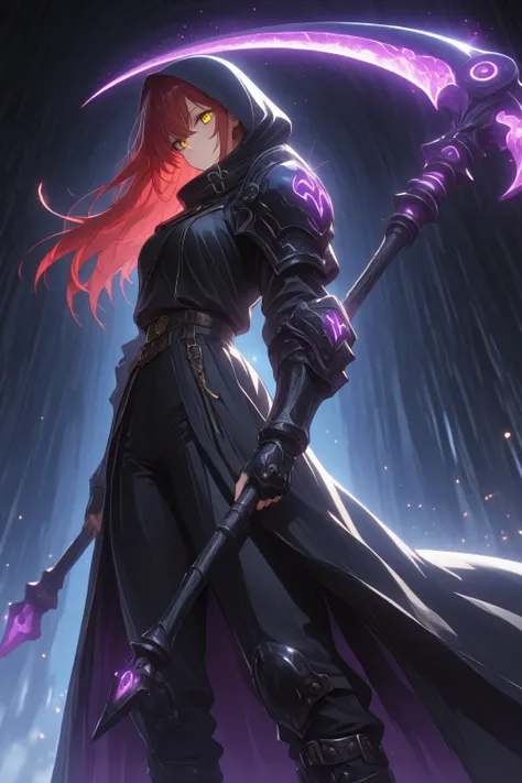 1girl, long black knee socks, black boots, black
long pants, tight black top, black fingerless, long coat with large hood
arm warmers, red hair,
long hair, golden eyes, holding
a Scythe in her hands, Scythe black with purple
glowing ornaments, scythe tilte...