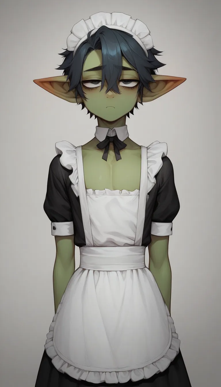      best quality  ,       very detailed    ,(goblin boy  :1,7), black circles under the eyes  , long disheveled fluffy black matte hair  ,   tired look,  a femboy ,   slim,      perfect body   , Cute,  is fake  , Maid Clothes , playful