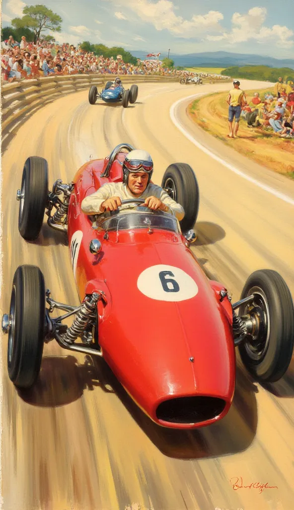 50s illustration style. a racer in a vintage F1 car. he is wearing a helmet, a pair of goggles on his eyes. on a racetrack. car is shown in full. cinematic shot, top-down perspective. dramatic effect for speed.