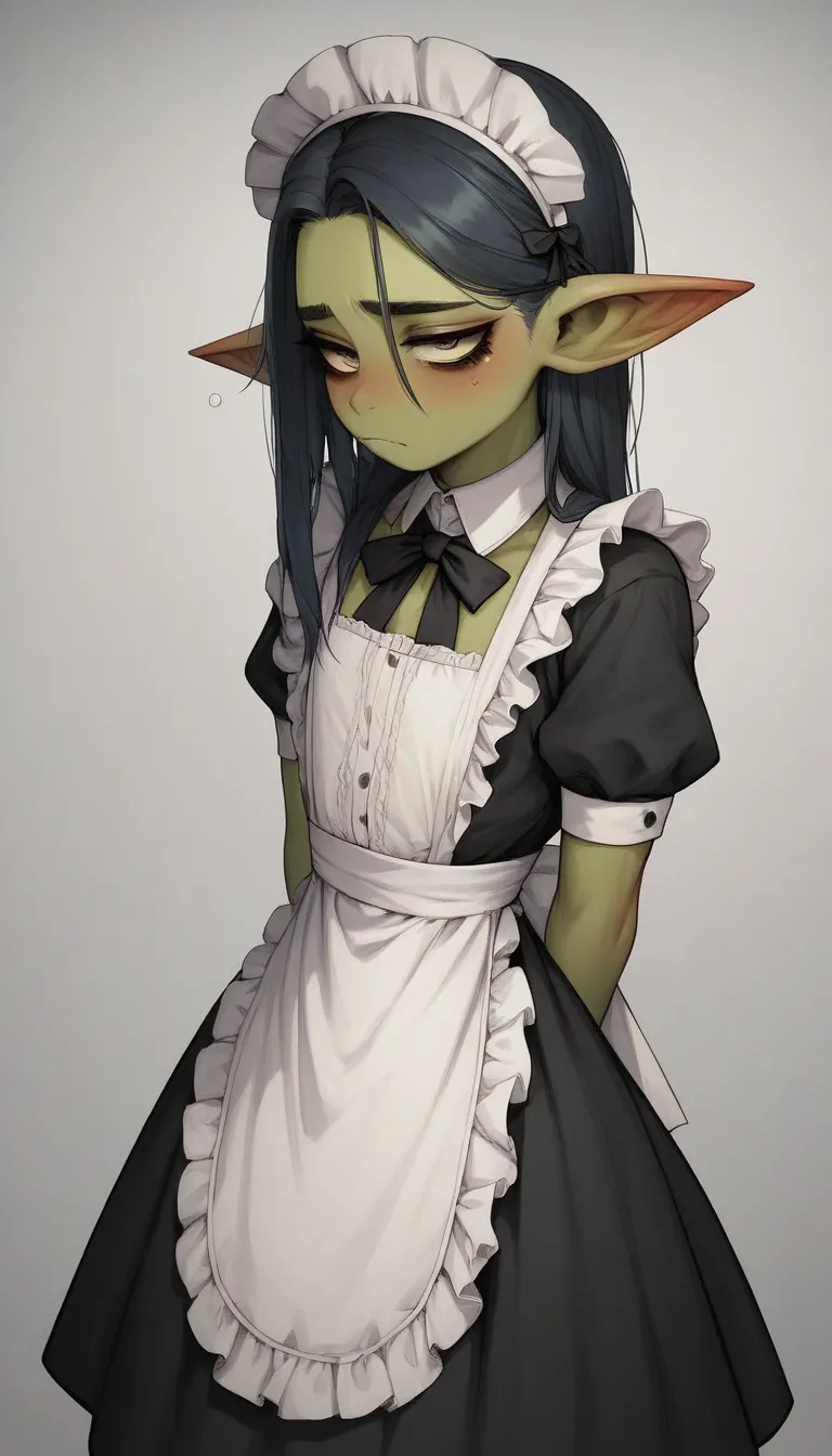      best quality  ,       very detailed    ,(goblin boy  :1,7), black circles under the eyes  , long black matte hair  ,   tired look,  a femboy ,   slim,      perfect body   , Cute,  is fake  , Maid Clothes , playful