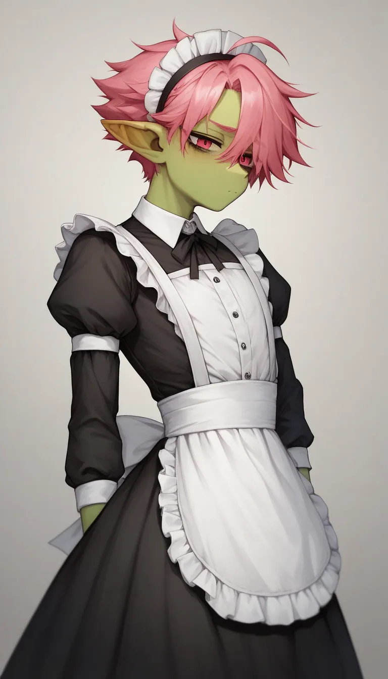      best quality  ,       very detailed    ,(goblin boy  :1,7), black circles under the eyes  , long soft pink hair  ,   tired look,  a femboy ,   slim,      perfect body   , Cute,  is fake  , Maid Clothes , playful