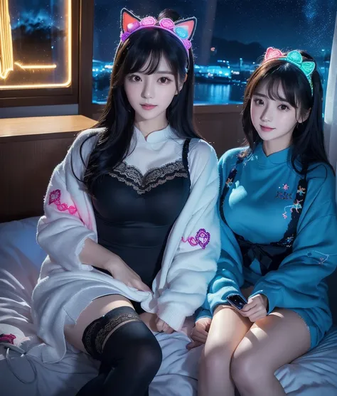 (( Masterpiece)) (( Top Quality)). Two women .(Night Sky. starry sky). (8k)  Inside room. winter .Sit Line Up. Rainbow neon glowing graffiti. Heart neon. Cute stuffed toy .(Lace) (Detailed embroidery pattern) headband cat.((Camera angle close to that of a ...