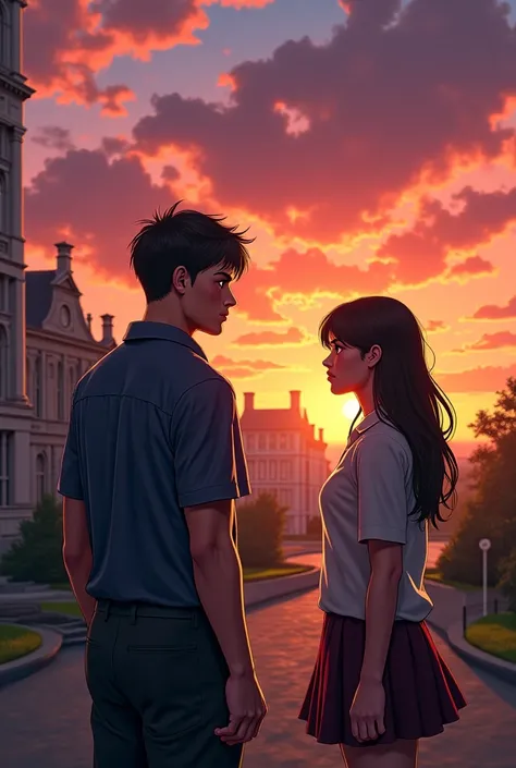 A boarding school in the background with a sunset and two agers, a girl and a boy, the boy who is very strong and the girl who is intimidating to see her.
