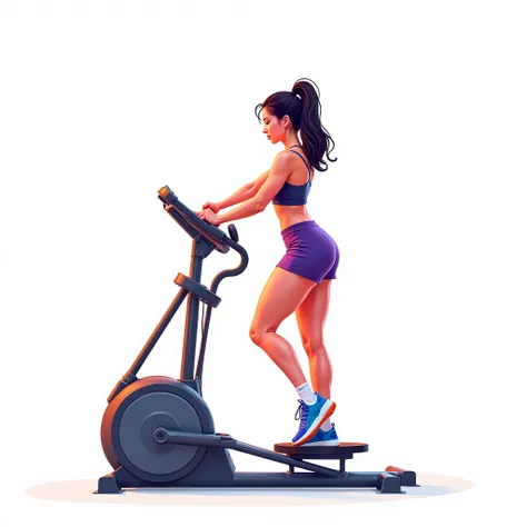 Woman exercising on fitness equipment on a white background, art drawing in bright colors 