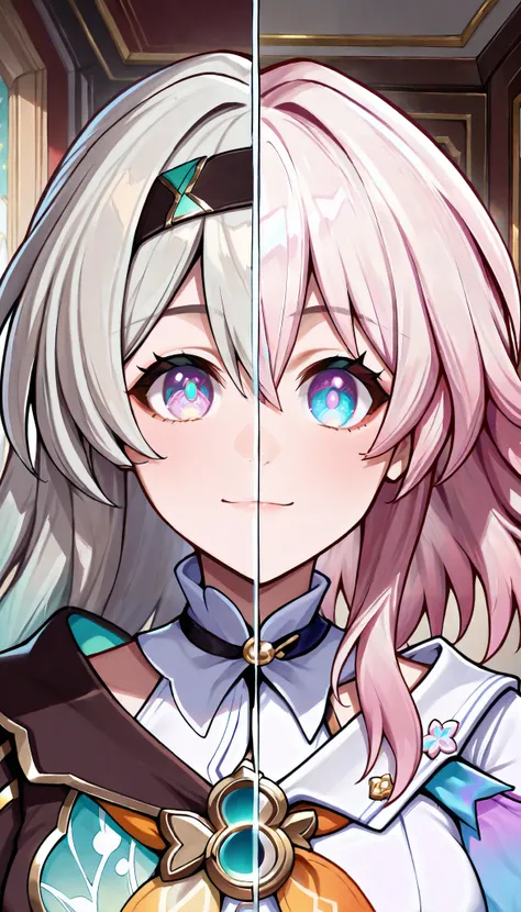 masterpiece, best quality, indoors, 1girl, SplitScreen, split screen, upper body, firefly from honkai star rail, march 7th from honkai star rail,
