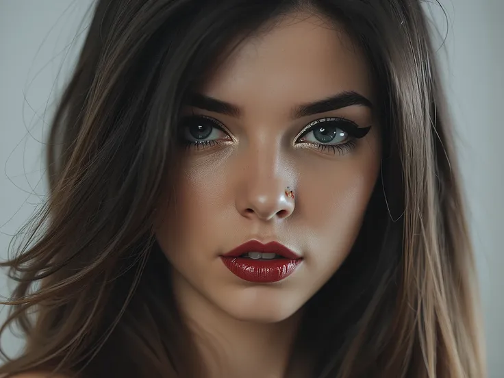 extreme close up portrait of face, elegant brown hair, extremely shiny deep red lip gloss, eyeliner flicks, latex