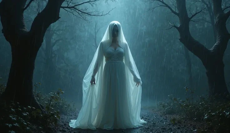 Realistic image of a ghost of a woman dressed in white in a forest at night, dark, cold and rainy night and macabre liquid darkness.