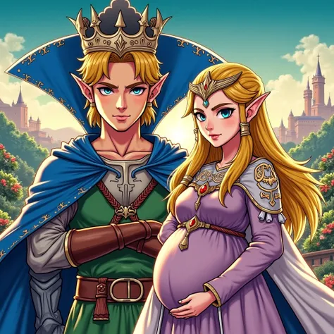 Anime King Link wearing a Massive popped collar with a collar so high it's taller than his head he's standing with his Pregnant Queen Zelda