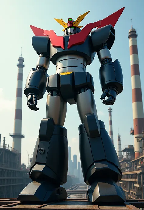  Modified Mazinger Z ,  Mazinger Z is 100 meters tall.   is built with modern materials such as steel ,   Carbon Fiber  ,   Other industrial elements are also visible  ,  Just like the real thing  ,    I'm standing ahead at the height of a high-rise tower ...