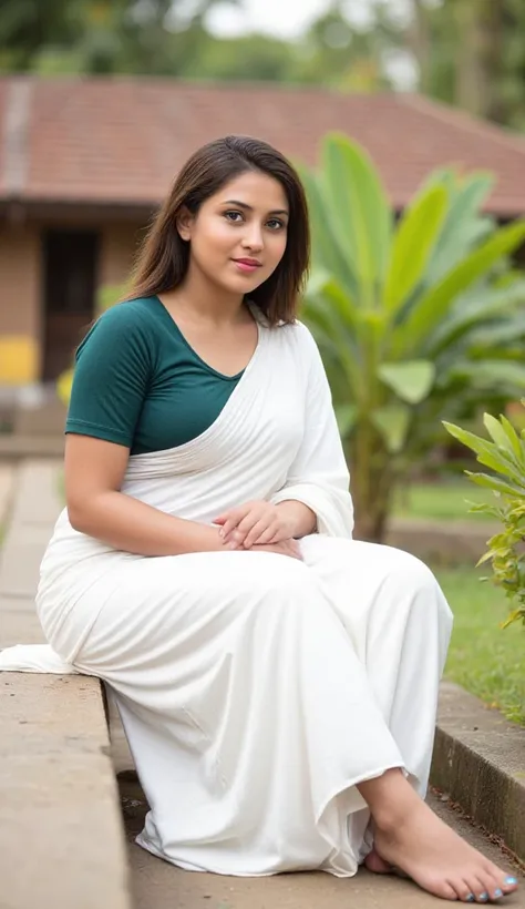 A malayali house wife, wet  thick hair upto back, chubby cheecks,in white satin saree and  dark green cotton blouse , ethnic saree fashion photo shoot, sitting pose, beautiful feet with blue nail polish , looking at camera, traditional kerala temple back g...