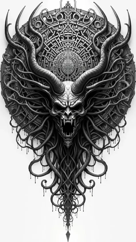 Endless evil mandala. realistic demonic energy .  in black and white Tattoo sketch.