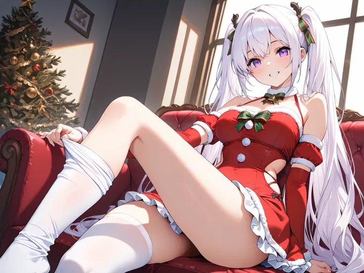 1girl, white hair, very long hair, twintails, purple eyes, looking at viewer, grin, santa dress, waist cutout, frilled dress, white thighhighs, thighhighs pull, knee up, bare legs, detached sleeves, sitting, cinematic angle,, (masterpiece, best quality, ex...