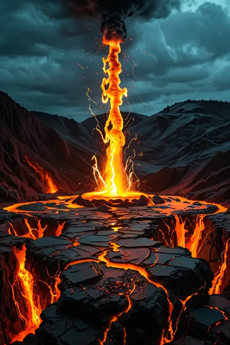 A chaotic blend of molten orange lava textures, pixelated glitch fractures, and neon cyan lightning cracks on a blackened base. Feels like a volcano erupting inside a corrupted computer