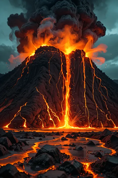 A chaotic blend of molten orange lava textures, pixelated glitch fractures, and neon cyan lightning cracks on a blackened base. Feels like a volcano erupting inside a corrupted computer