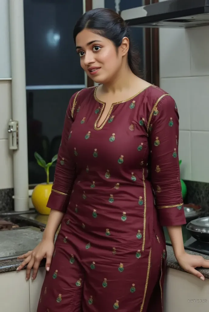 Indian curvy maturre milf Bhabhi. Sexy chubby women. Wearing dark maroon perfect fit tight full sleeve side cut kurti with dark green big leaf patterns design all over her kurti.  Same colour loose fit  cotton  leggings. Thight hot butt visible. Tight roun...