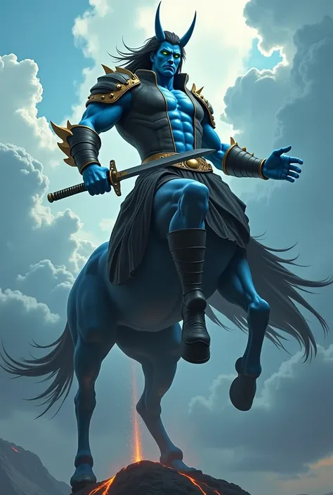  giant blue half-human centaur of 3 meters with short black hair and green eyes who wears a katana in his right hand and is flying over a volcano while rays emerge from his left hand , He wears a black leather suit with golden 