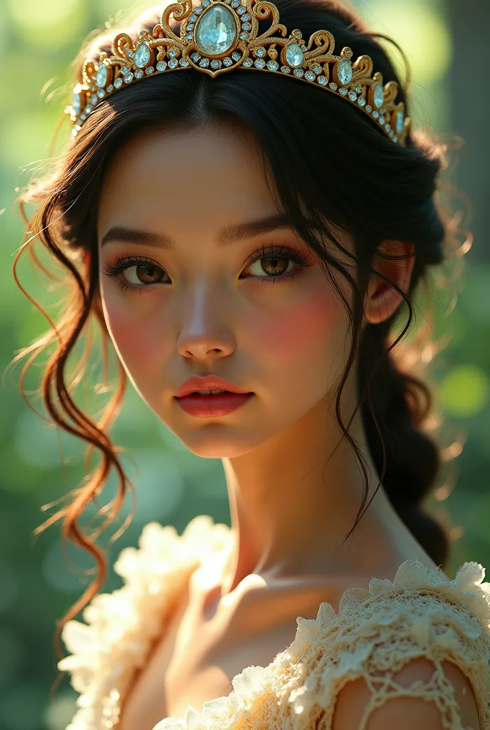 ((masterpiece)), (top quality), (best quality) girl looking to side, jeweled crown, close-up, cinematic lighting, fantasy art, disney posar style, ethereal glow, vibrant colors, forest


