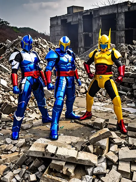 Japanese SFX 、3 Japanese metal heroes、Japanese red metal hero、Japanese blue metal hero、Japanese yellow metal hero、Rubble Ruins、cigarette、