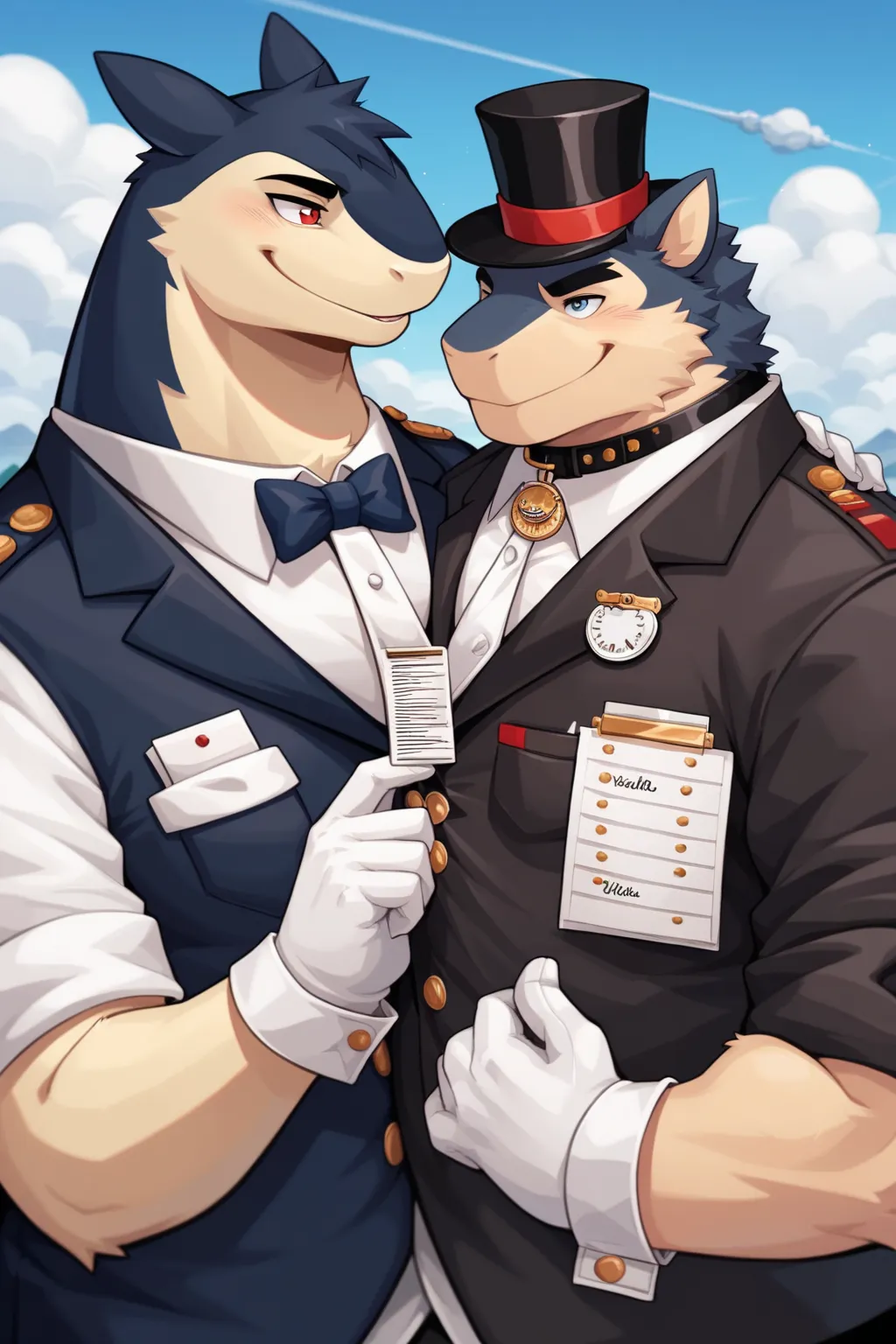 Scribble Typhlosion face,Humanity(Typhlosion),Chubby,(Black eyebrows:1.1),(Perfect eyes),fur，（artist:Takemoto Arashi），Gentleman, top-hat, Outside background，（Leather Collar:1.3），(White Gloves:1.3), (Cufflinks:1.3),  paw，（Tailor Uniform:1.3）。