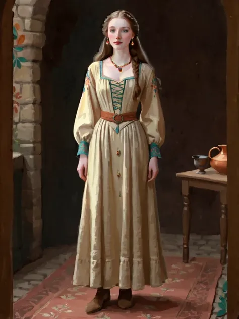 score_9, score_8_up, score_7_up, score_6_up, score_5_up, score_4_up, 1_woman, pale skin, long_hair, wearing a vibrant long peasant medieval dress, detailed clothing, sketches, detailed thick gouache painting, illustration, in gougoupaintleaves style:1.5, h...