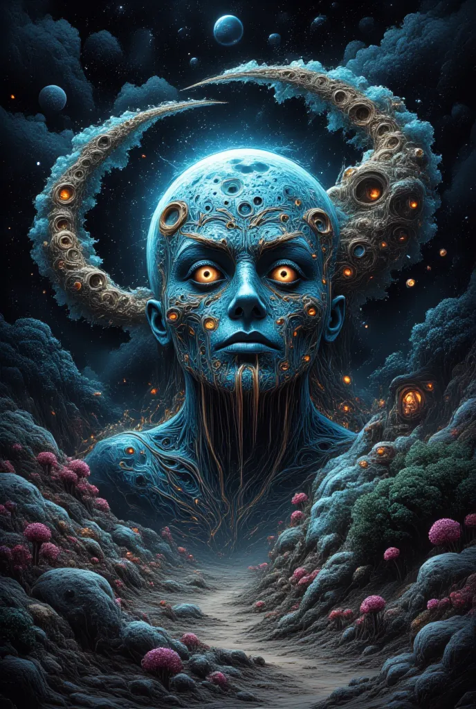 a detailed drawing of a full moon with many eyes, surreal and dreamlike, ethereal and mystical atmosphere, glowing moon with intricate eye patterns, otherworldly lunar landscape, rich textures, whimsical and imaginative, vibrant colors, deep shadows, drama...