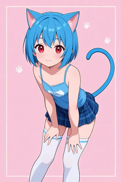 Anime girl with blue hair, red eyes, cat ears, blue demon tail, wearing a blue cami, blue plaid skirt and white and blue thigh-high socks. 