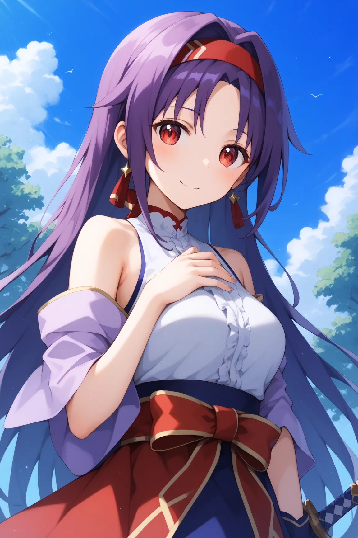 masterpiece,best quality,{{detailed beautiful face and eyes}}, very detailed background,
Konno Yuuki,{{{megami magazine}}},long hair,purple hair, hairband ,red  hairband ,sidelocks,red eyes,medium breasts,outside、blue sky、 holds up a sword during battle