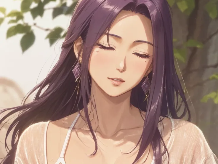 This is Seira-sodeshiro. ((Over 30 years)). ((Critical emphasis on mentioned age)). Sophisticated artistry. (Tanned). She has long hair. Semi-opened eyes. Full lips. Airly clothes. Upper body. Delicate facial texture. Spiritual background.
