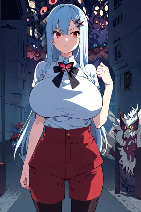 1 woman,  Whole body,  looking straight ahead,  big breast,  slim waist,  light blue hair,  long hair,  red eyes,  hairpin , butterfly brooch ,  short t-shirt,  white t-shirt, red vest,  black tie,  shorts, red pants,  white socks ,  stockings, Short boots...
