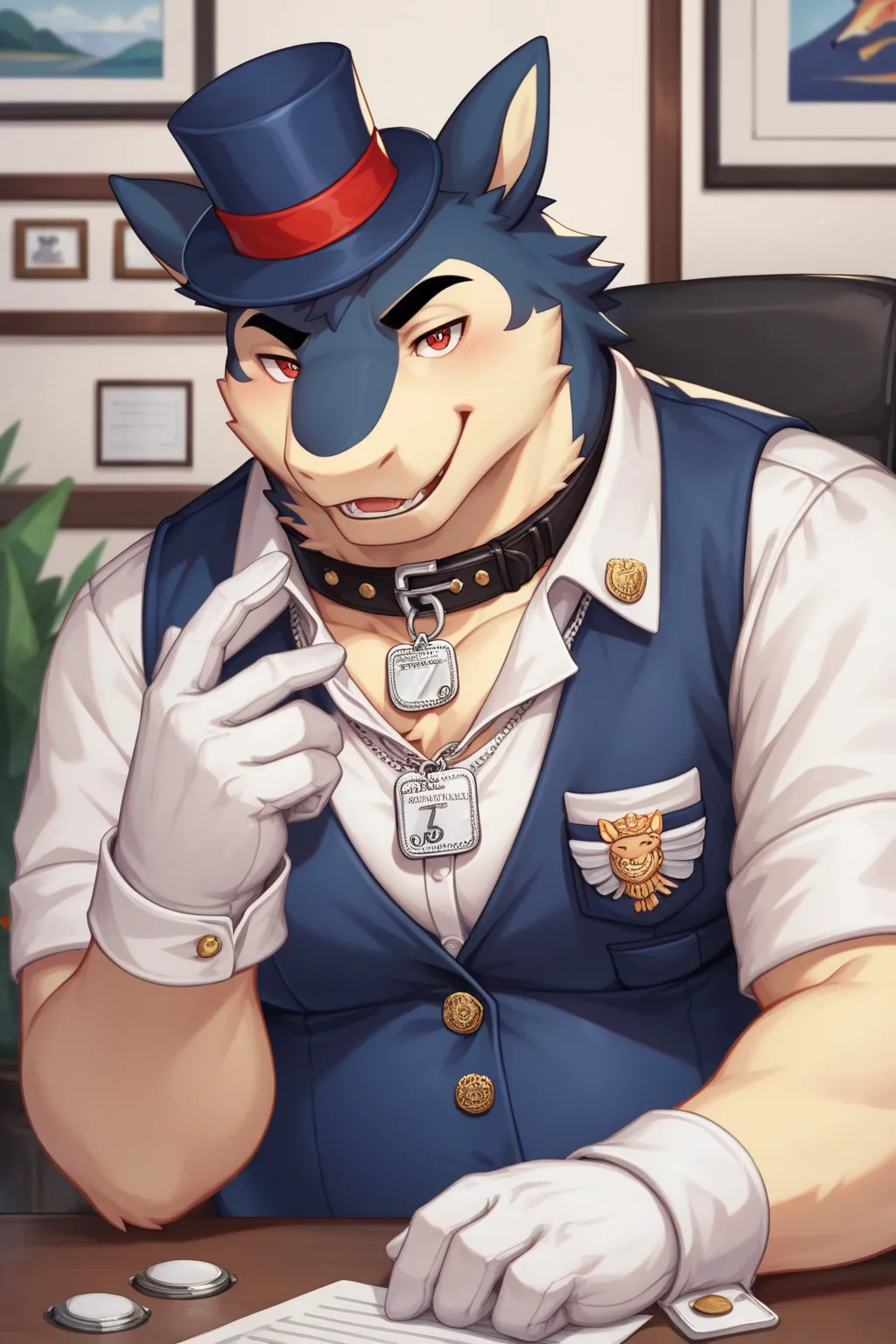 Scribble Typhlosion face,Humanity(Typhlosion),Chubby,(Black eyebrows:1.1),(Perfect eyes),fur，（artist:Takemoto Arashi），Gentleman, top-hat, Office background，（Leather Collar:1.3），leather collar has a round dog-tag, round dog-tag, (White Gloves:1.3), (Cufflin...