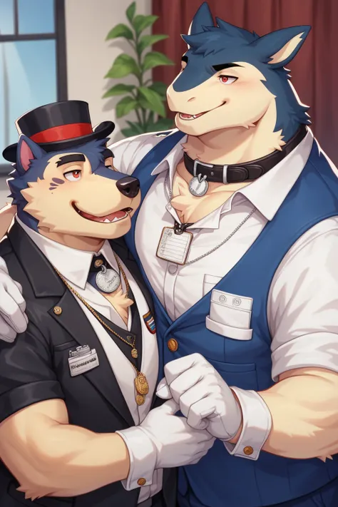 Scribble Typhlosion face,Humanity(Typhlosion),Chubby,(Black eyebrows:1.1),(Perfect eyes),fur，（artist:Takemoto Arashi），Gentleman, top-hat, Office background，（Leather Collar:1.3），leather collar has a round dog-tag, round dog-tag, (White Gloves:1.3), (Cufflin...