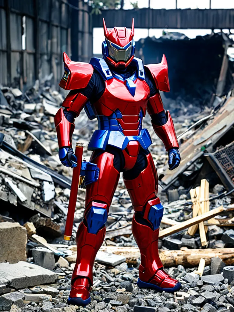 Japanese SFX 、Japanese red metal hero、"600"A weapon in the shape of、Blue Metal、yellow metal、Rubble Ruins、cigarette、