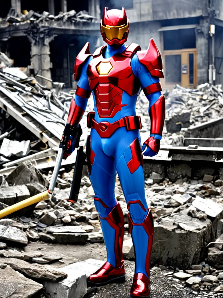 Japanese SFX 、Japanese red metal hero、"600"A weapon in the shape of、Blue Metal、yellow metal、Rubble Ruins、cigarette、